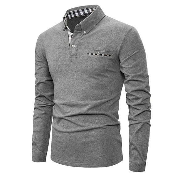 Zylanna Men's Long Sleeve Polo Shirts with Chest Pocket, Slim Fit Spring Fall Turndown Collar Solid Casual Pullover Tops for Man Gray