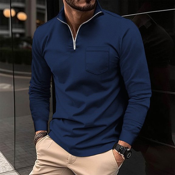 Zylanna Men's Long Sleeve Polo Shirts with Chest Pocket, Slim Fit Spring Fall Turndown Collar Solid Casual Pullover Tops for Man Navy