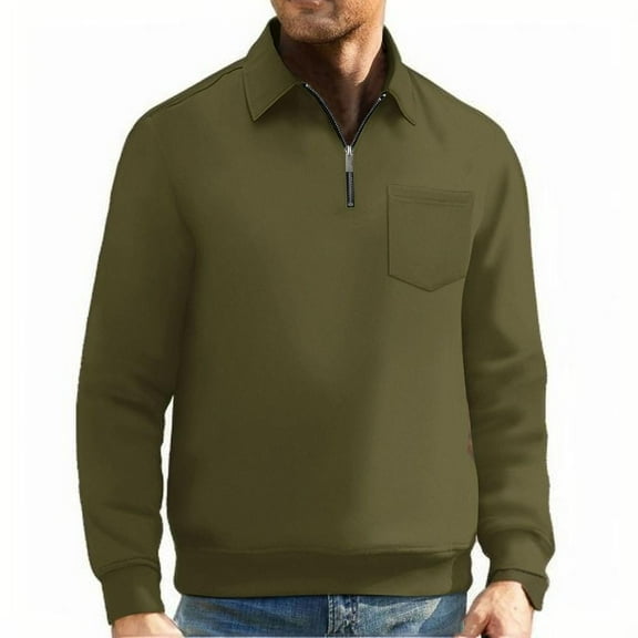Zylanna Men's Long Sleeve Polo Shirts with Chest Pocket, Slim Fit Turndown Collar Solid Spring Fall Casual Pullover Tops for Man Army Green