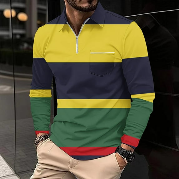 Zylanna Men's Long Sleeve Polo Shirts with Chest Pocket, Slim Fit Turndown Collar Spring Fall Striped Casual Pullover Tops for Man Multicolor