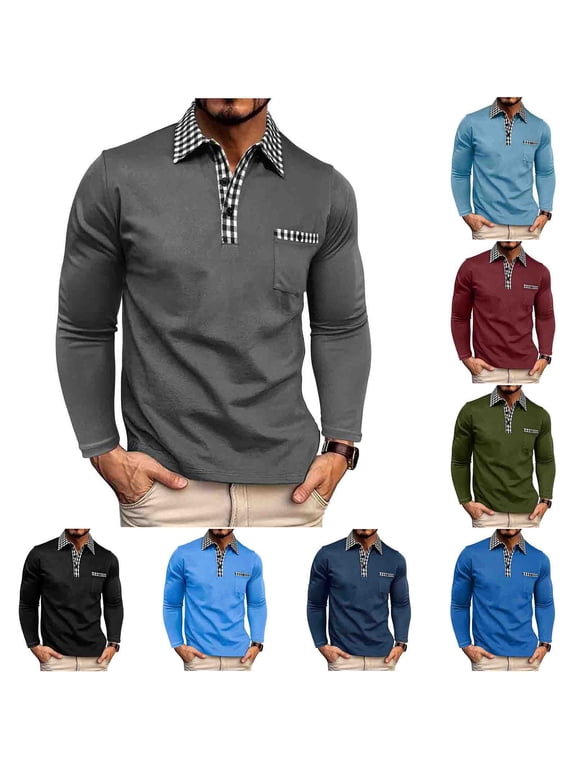 Men's Long Sleeve Polo Shirts with Chest Pocket, Solid Slim Fit Spring Fall Turndown Collar Casual Pullover Tops for Man Dark Gray