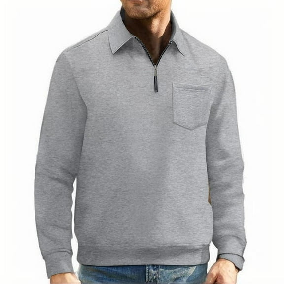Zylanna Men's Long Sleeve Polo Shirts with Chest Pocket, Solid Slim Fit Spring Fall Turndown Collar Casual Pullover Tops for Man Gray