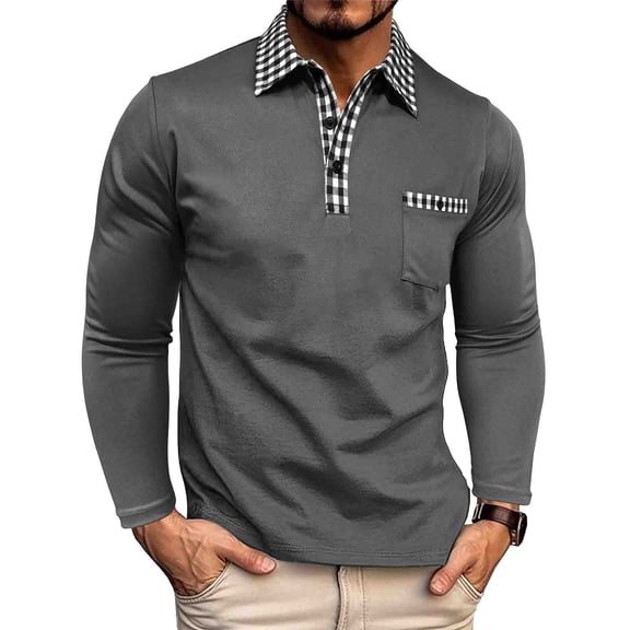 Zylanna Men's Long Sleeve Polo Shirts with Chest Pocket, Solid Spring Fall Turndown Collar Slim Fit Casual Pullover Tops for Man Dark Gray