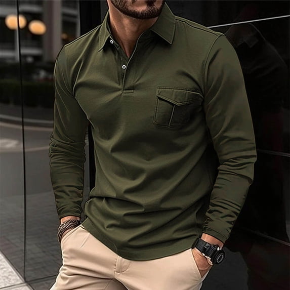 Zylanna Men's Long Sleeve Polo Shirts with Chest Pocket, Spring Fall Solid Slim Fit Turndown Collar Casual Pullover Tops for Man Army Green