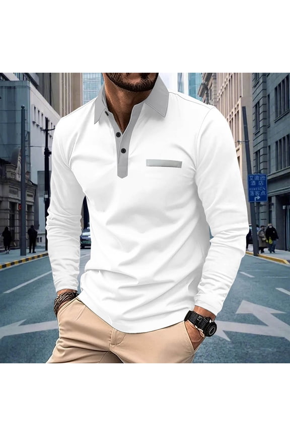 Men's Long Sleeve Polo Shirts with Chest Pocket, Spring Fall Solid Slim Fit Turndown Collar Casual Pullover Tops for Man White