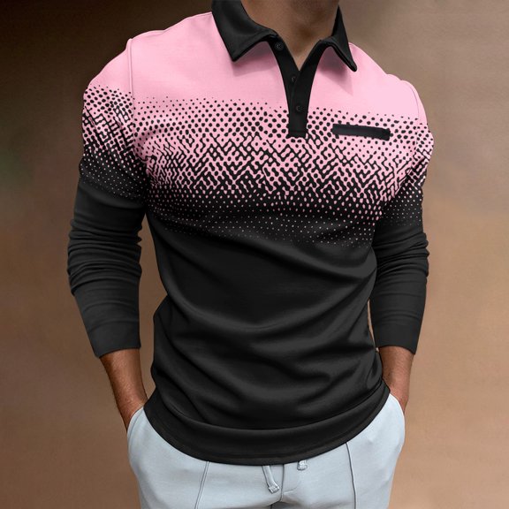 Zylanna Men's Long Sleeve Polo Shirts with Chest Pocket, Turndown Collar Gradient Color Slim Fit Spring Fall Casual Pullover Tops for Man Pink