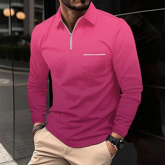 Zylanna Men's Long Sleeve Polo Shirts with Chest Pocket, Turndown Collar Gradient Color Spring Fall Slim Fit Casual Pullover Tops for Man Pink