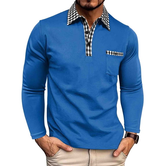 Zylanna Men's Long Sleeve Polo Shirts with Chest Pocket, Turndown Collar Slim Fit Solid Spring Fall Casual Pullover Tops for Man Blue