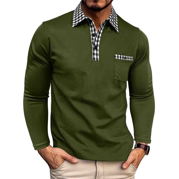 Zylanna Men's Long Sleeve Polo Shirts with Chest Pocket, Turndown Collar Slim Fit Spring Fall Solid Casual Pullover Tops for Man Army Green
