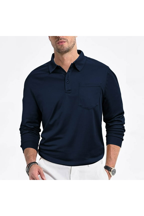 Men's Long Sleeve Polo Shirts with Chest Pocket, Turndown Collar Slim Fit Spring Fall Solid Casual Pullover Tops for Man Navy