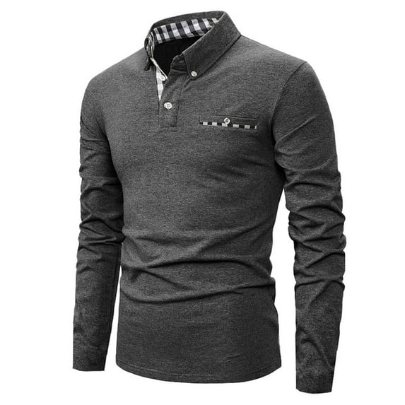 Zylanna Men's Long Sleeve Polo Shirts with Chest Pocket, Turndown Collar Spring Fall Slim Fit Solid Casual Pullover Tops for Man Dark Gray