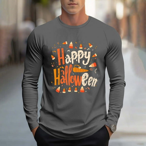 Zylanna Men's Long Sleeve T-Shirts, Activewear Halloween Print Loose Crew Neck Casual Tops for Men Dark Gray
