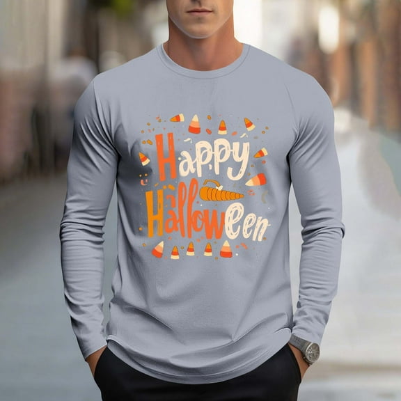 Zylanna Men's Long Sleeve T-Shirts, Activewear Loose Crew Neck Halloween Print Casual Tops for Men Gray