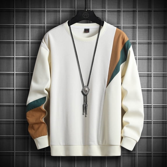 Zylanna Men's Long Sleeve T-Shirts, Color Block Patching Crew Neck Homewear Loose Casual Tops for Men White