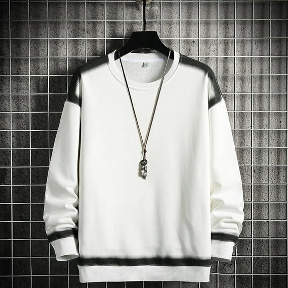 Zylanna Men's Long Sleeve T-Shirts, Color Block Patching Loose Homewear Crew Neck Casual Tops for Men White