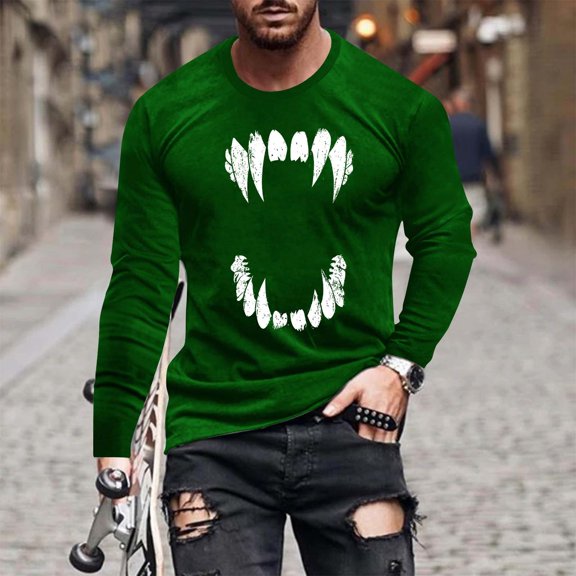 Zylanna Men's Long Sleeve T-Shirts, Crew Neck Activewear Loose Halloween Print Casual Tops for Men Green