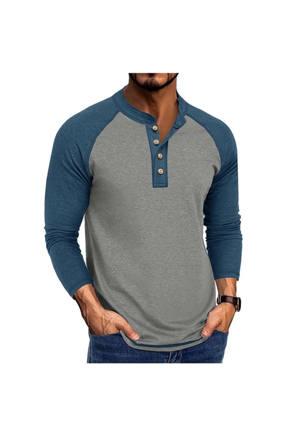 Men's Long Sleeve T-Shirts, Crew Neck Color Block Patching Loose Homewear Casual Tops for Men Gray