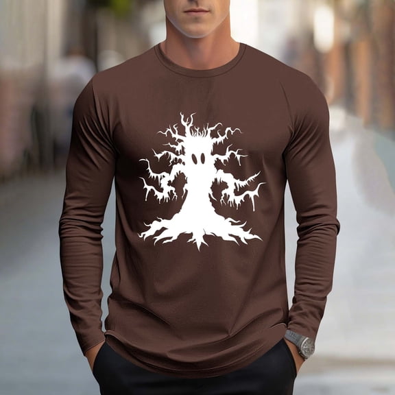 Zylanna Men's Long Sleeve T-Shirts, Crew Neck Halloween Print Activewear Loose Casual Tops for Men Coffee