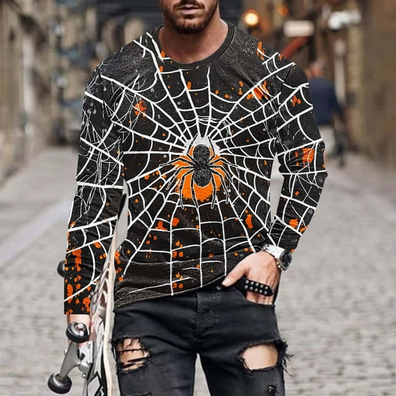 Zylanna Men's Long Sleeve T-Shirts, Crew Neck Halloween Print Homewear Loose Casual Tops for Men Black