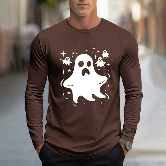 Zylanna Men's Long Sleeve T-Shirts, Crew Neck Halloween Print Loose Activewear Casual Tops for Men Coffee