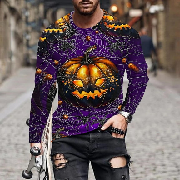 Zylanna Men's Long Sleeve T-Shirts, Crew Neck Homewear Loose Halloween Print Casual Tops for Men Purple