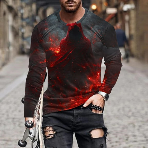 Zylanna Men's Long Sleeve T-Shirts, Crew Neck Homewear Loose Halloween Print Casual Tops for Men Wine