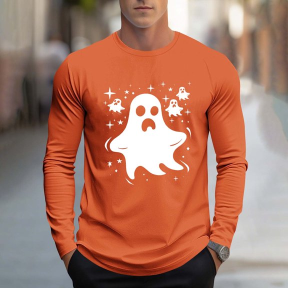 Zylanna Men's Long Sleeve T-Shirts, Crew Neck Loose Halloween Print Activewear Casual Tops for Men Orange