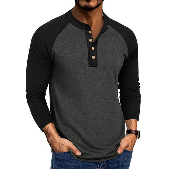 Zylanna Men's Long Sleeve T-Shirts, Crew Neck Loose Homewear Color Block Patching Casual Tops for Men Black