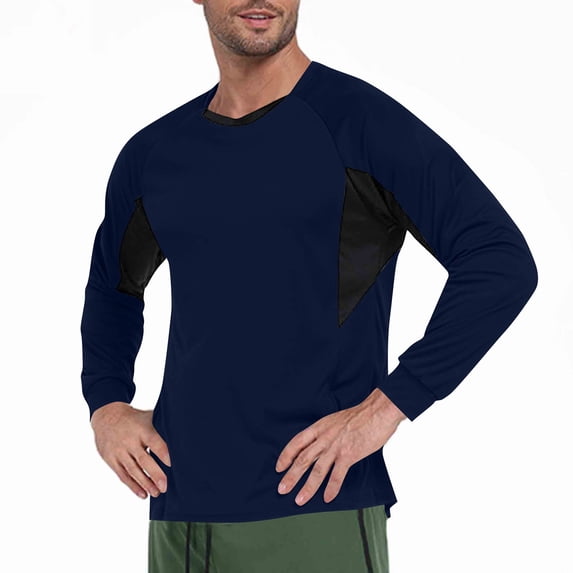 Zylanna Men's Long Sleeve T-Shirts, Crew Neck Solid Color Stretchy Activewear Casual Tops for Sport Navy