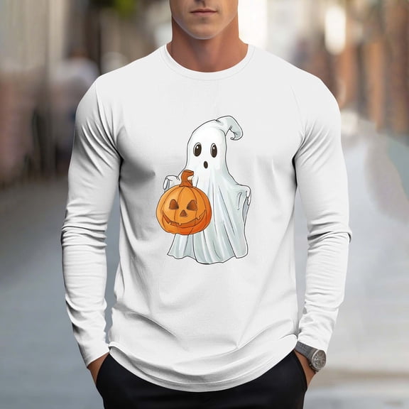 Zylanna Men's Long Sleeve T-Shirts, Halloween Print Activewear Crew Neck Loose Casual Tops for Men White
