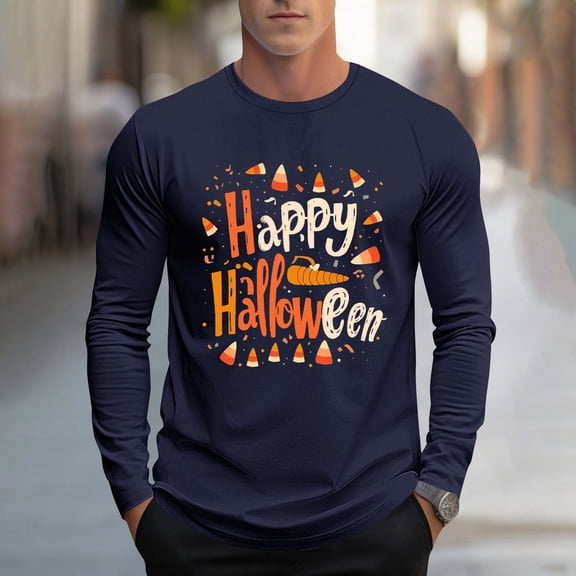 Zylanna Men's Long Sleeve T-Shirts, Halloween Print Crew Neck Activewear Loose Casual Tops for Men Navy