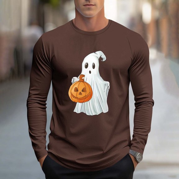 Zylanna Men's Long Sleeve T-Shirts, Halloween Print Crew Neck Loose Activewear Casual Tops for Men Coffee