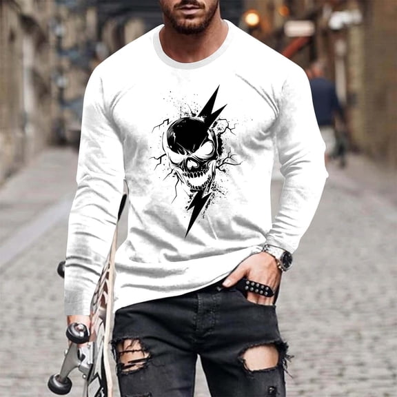 Zylanna Men's Long Sleeve T-Shirts, Halloween Print Crew Neck Loose Activewear Casual Tops for Men White