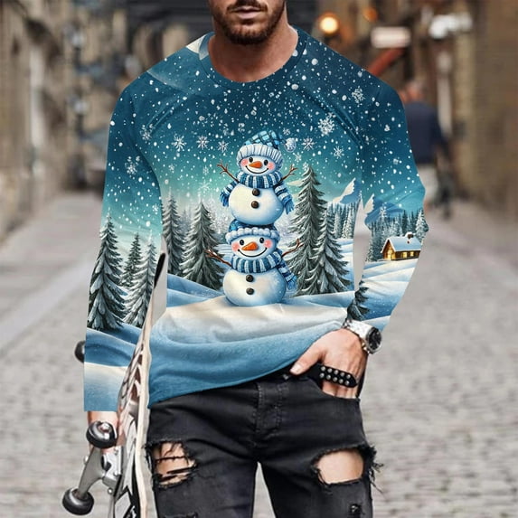 Zylanna Men's Long Sleeve T-Shirts, Homewear Christmas Print Loose Crew Neck Casual Tops for Men Blue