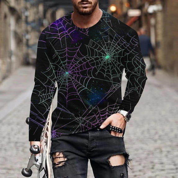 Zylanna Men's Long Sleeve T-Shirts, Homewear Loose Halloween Print Crew Neck Casual Tops for Men Multicolor