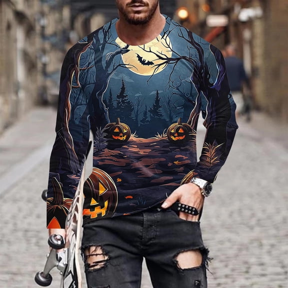 Zylanna Men's Long Sleeve T-Shirts, Loose Crew Neck Homewear Halloween Print Casual Tops for Men Navy