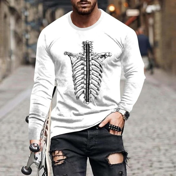 Zylanna Men's Long Sleeve T-Shirts, Loose Halloween Print Activewear Crew Neck Casual Tops for Men White