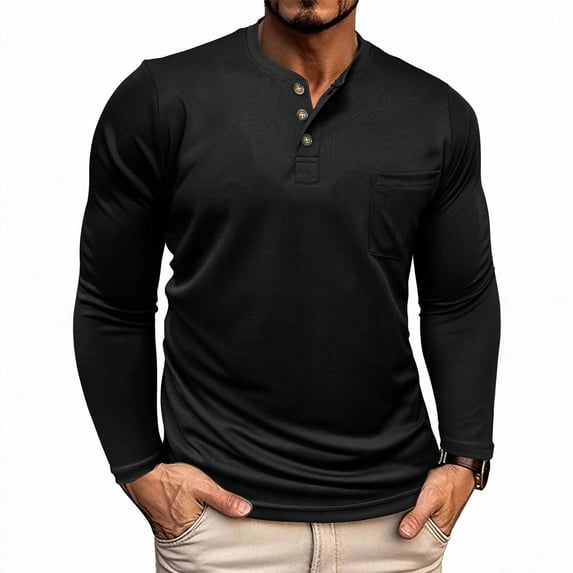 Zylanna Men's Long Sleeve T-Shirts, Loose Homewear Solid Color Crew Neck Fall Winter Tops for Men Black