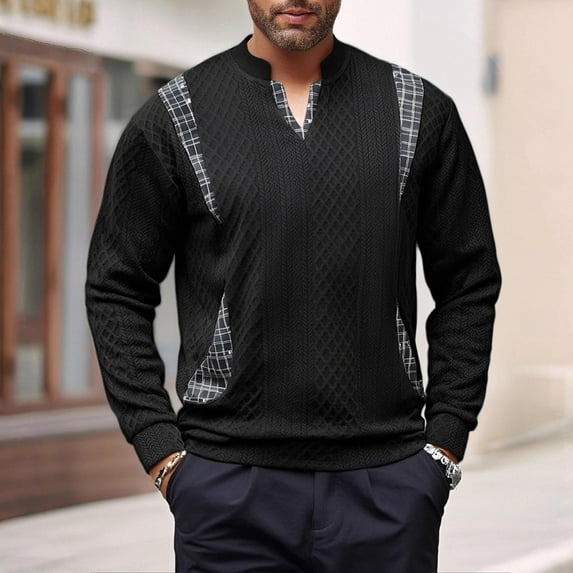 Zylanna Men's Long Sleeve T-Shirts, Loose V-Neck Homewear Solid Color Casual Tops for Men Black