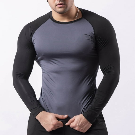 Zylanna Men's Long Sleeve T-Shirts, Solid Color Activewear Stretchy Crew Neck Casual Tops for Sport Gray