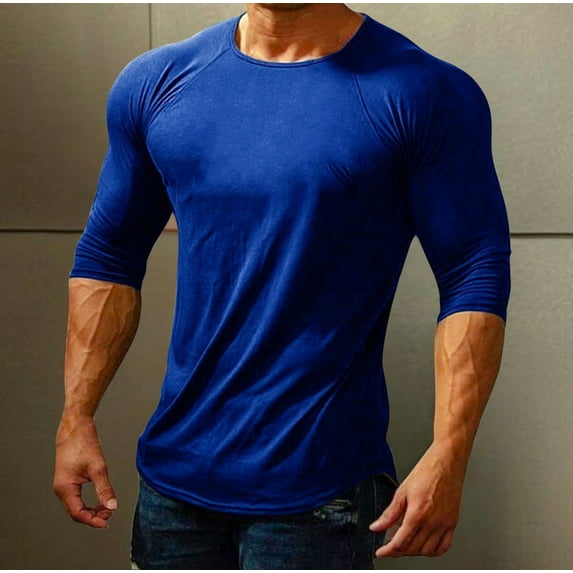 Zylanna Men's Long Sleeve T-Shirts, Solid Color Crew Neck Stretchy Activewear Casual Tops for Men Blue
