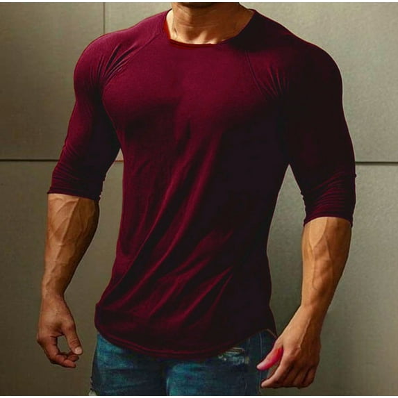 Zylanna Men's Long Sleeve T-Shirts, Stretchy Crew Neck Activewear Solid Color Casual Tops for Men Wine