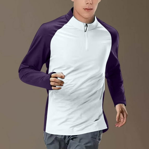 Zylanna Men's Long Sleeve T-Shirts, Stretchy Half-Zip Activewear Solid Color Casual Tops for Sport Purple