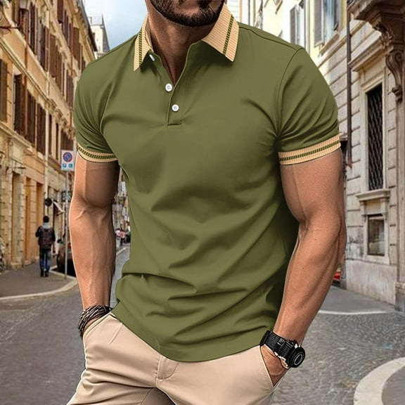 Zylanna Men's Polo Shirts, Short Sleeve Fashionable Turndown Collar Solid Color Tee Shirts for Man Army Green Size 3XL