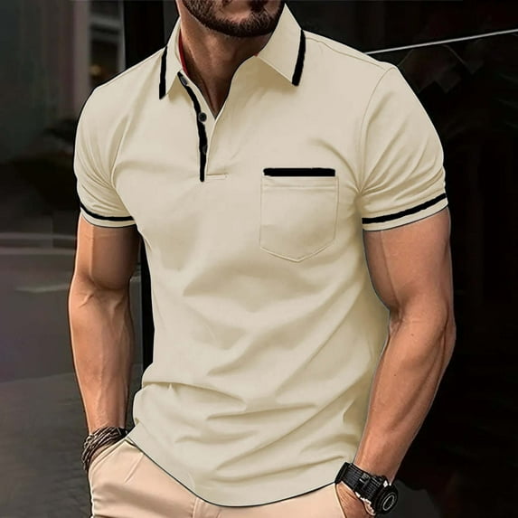 Zylanna Men's Polo Shirts, Short Sleeve with Pocket Turndown Collar Solid Color Tee Shirts for Man Beige Size 3XL