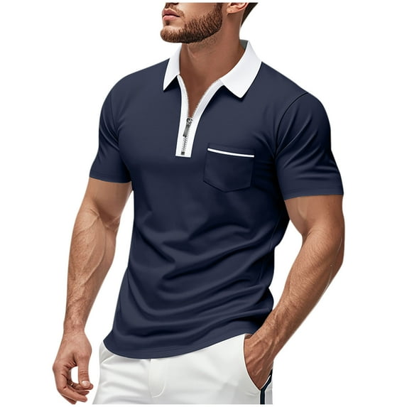 Zylanna Men's Polo Shirts, Short Sleeve with Pocket Turndown Collar Solid Color Tee Shirts for Man Navy Size M