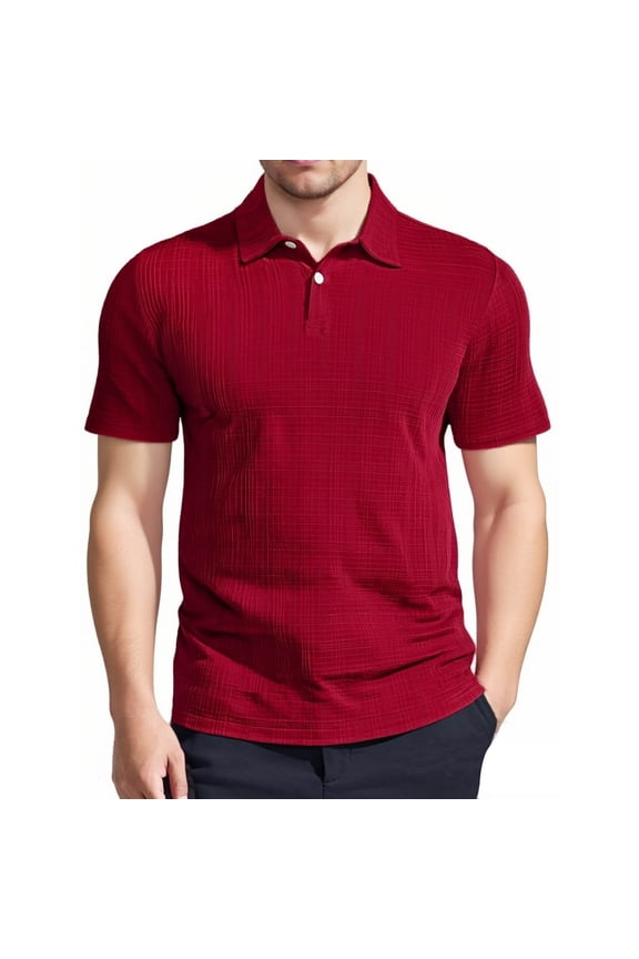 Men's Polo Shirts, Turn Down Collar Plaid Casual Short Sleeve Fashion Tops for Men Wine