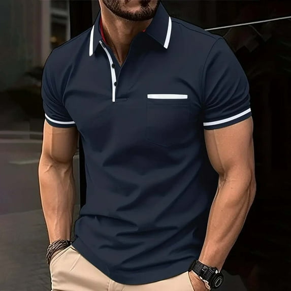 Zylanna Men's Polo Shirts, Turndown Collar Short Sleeve Solid Color with Pocket Tee Shirts for Man Navy Size M