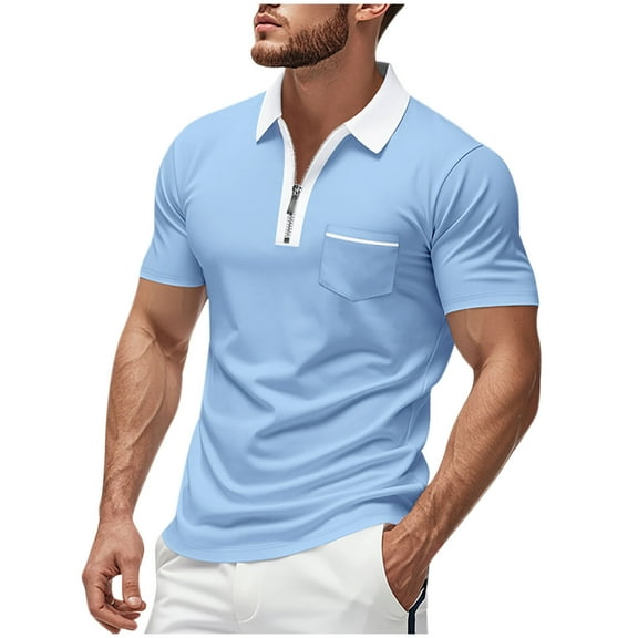 Zylanna Men's Polo Shirts, with Pocket Solid Color Turndown Collar Short Sleeve Tee Shirts for Man Light Blue Size 2XL