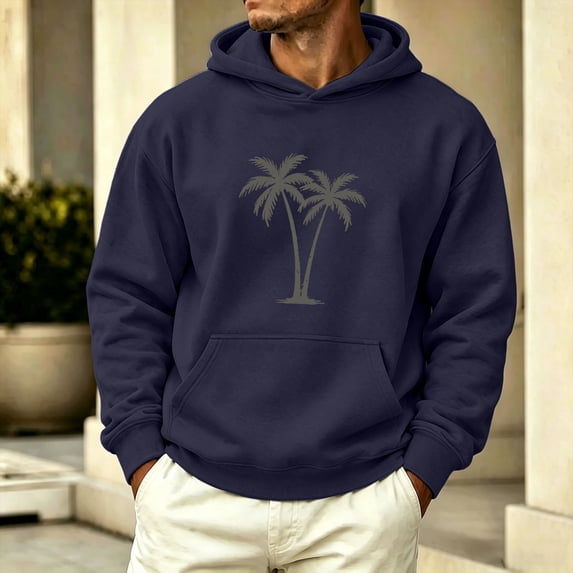 Zylanna Men's Pullover Hooded Sweatshirts with Front Pocket, Long Sleeve Palm Tree Solid Hoodies Soft & Comfy Casual Outdoor Basic Top for Men Navy